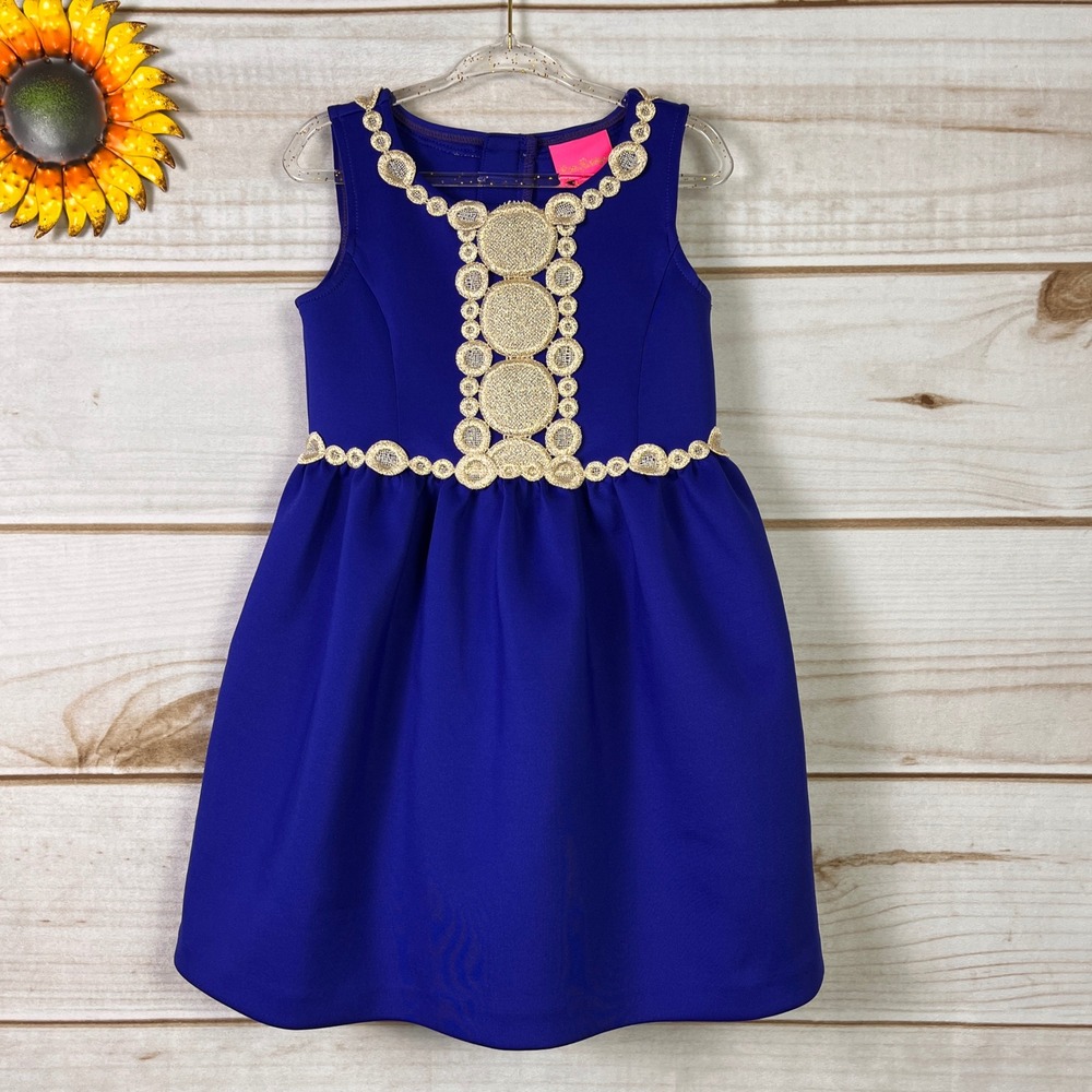 Lilly‎ Pulitzer Girls Blue Gold Lace Trim Scuba Dress 4-5 Sleeveless Party